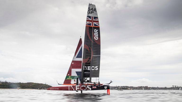 Great Britain SailGP Team helmed by Ben Ainslie in action during a practice session ahead of Sydney SailGP,