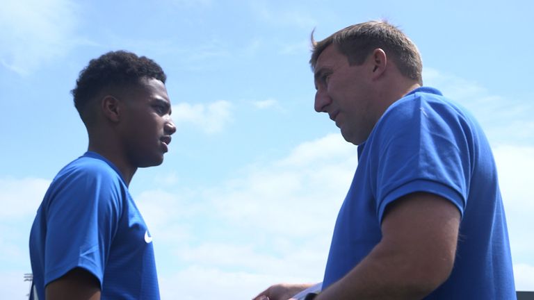 Sam McCallum speaks with Alan Stubbs while attending the V9 Academy in 2018