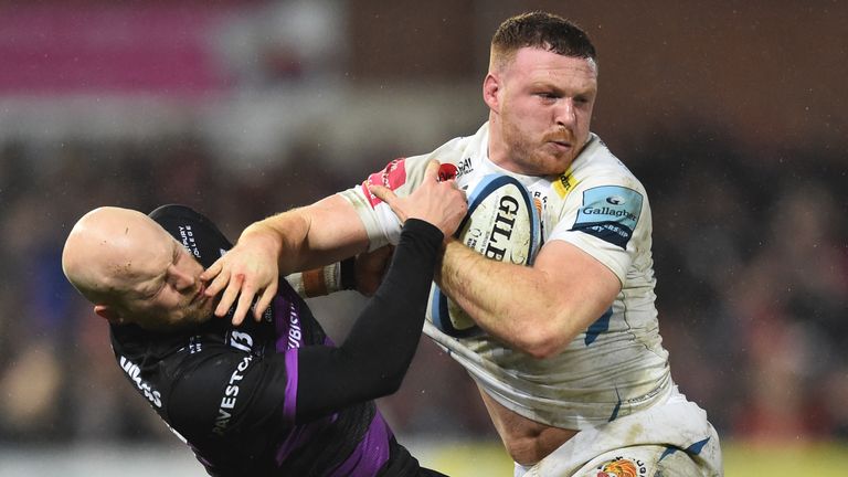 GLOUCESTER, ENGLAND - FEBRUARY 14: Sam Simmonds of Exeter is challenged by Joe Simpson of Gloucester during the Gallagher Premiership Rugby match between Gloucester Rugby and Exeter Chiefs at on February 14, 2020 in Gloucester, England. (Photo by Nathan Stirk/Getty Images)