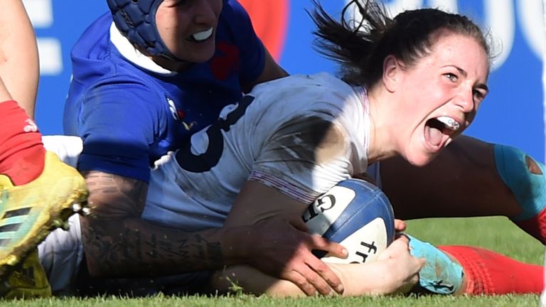 England's center Emily Scarratt reacts after scoring a try during the women's Six Nations international rugby union match between France and England at the Hameau stadium on February 2, 2020