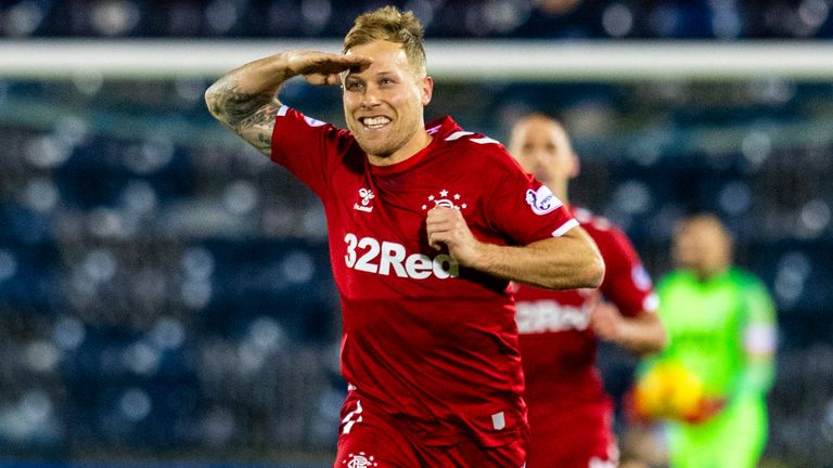 Scott Arfield salutes his opener for Rangers at Rugby Park