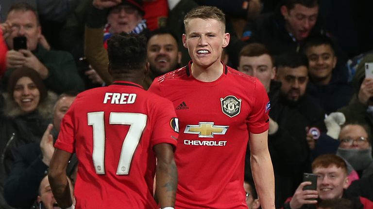 Scott McTominay celebrates scoring against Club Brugge 