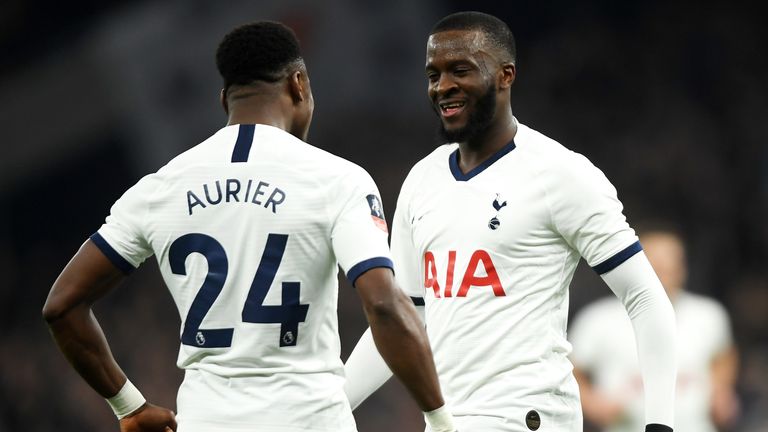 Serge Aurier and Tanguy Ndombele celebrate after Jack Stephens' own goal
