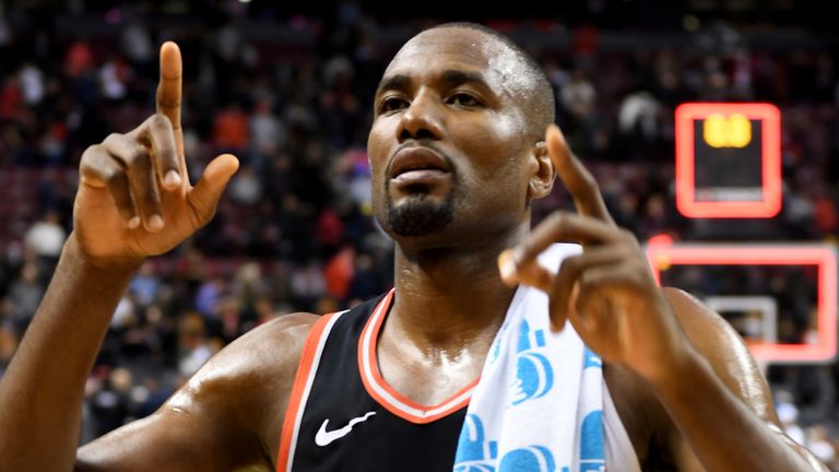Serge Ibaka celebrates after making the game-winning shot in the Raptors' win over the Pacers