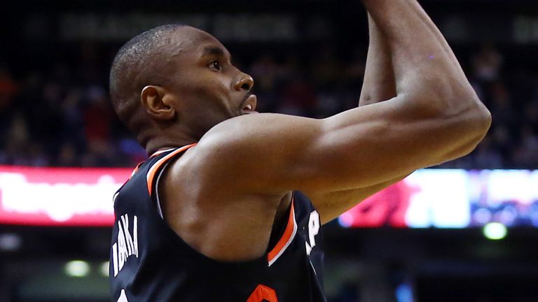 Serge Ibaka fires his game-winning three-pointer that earned Toronto their 12th consecutive victory