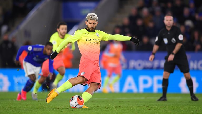 Sergio Aguero takes his penalty, but it's saved by Kasper Schmeichel