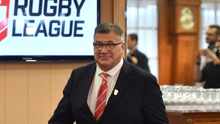 New England men&#39;s rugby league head coach Shaun Wane arrives for a press conference at the University of Bolton Stadium.