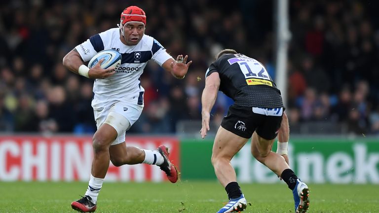 Piutau, pictured here with ball in hand against Exeter, is closing in on 50 appearances for Bristol 