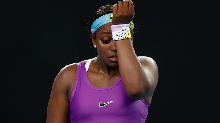 Sloane Stephens of the United States in action during her Women's Singles first round match against Shuai Zhang of China on day one of the 2020 Australian Open at Melbourne Park on January 20, 2020 in Melbourne, Australia.