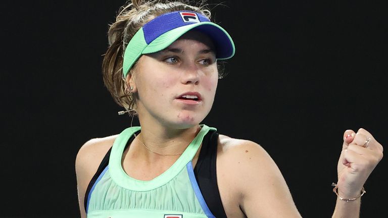 Sofia Kenin of the US reacts as she plays against Spain's Garbine Muguruza during their women's singles final match on day thirteen of the Australian Open tennis tournament in Melbourne on February 1, 2020