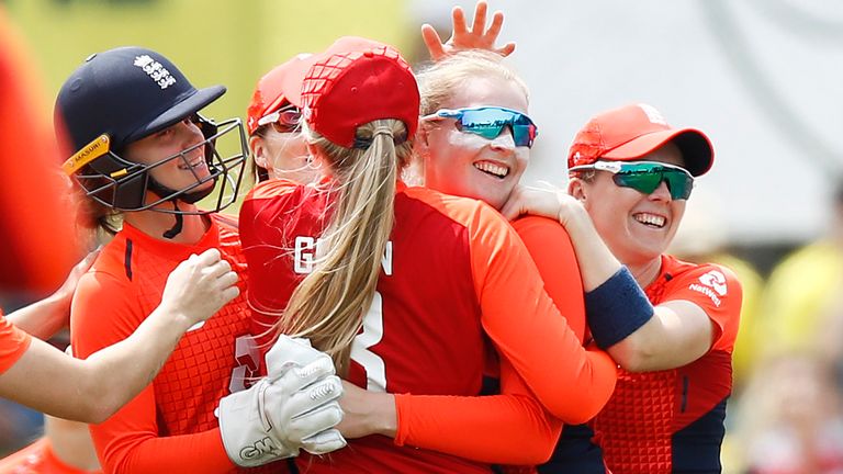  FEBRUARY 09: Sophie Ecclestone of England (C) celebrates after dismissing Ellyse Perry of Australia during game six of the Women's One Day International series between Australia and England at Junction Oval on February 09, 2020 in Melbourne, Australia