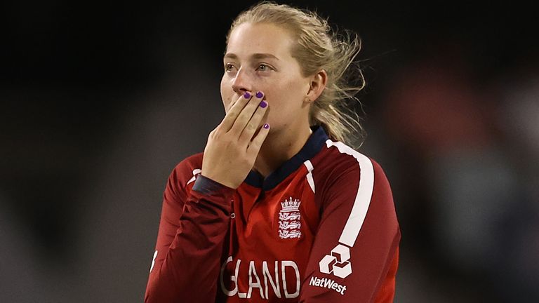 Sophie Ecclestone reacts during England's defeat against South Africa