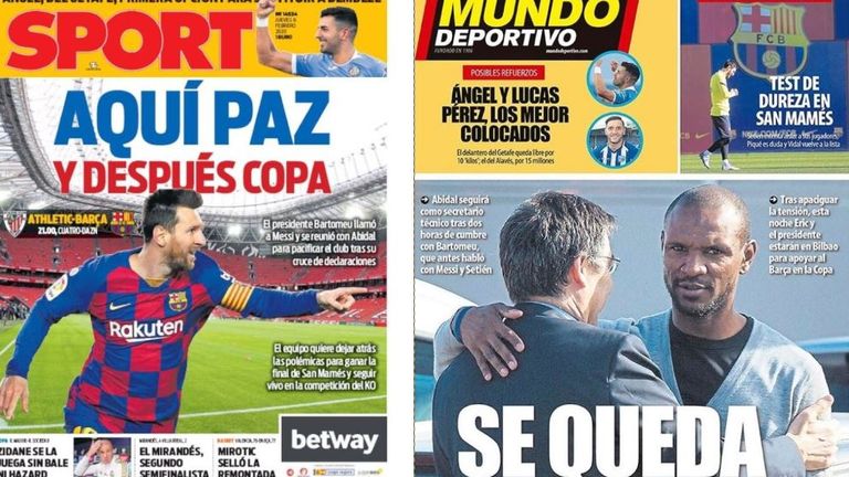 'Here, peace, and after Copa' is the headline in Sport while Mundo Deportivo leads with 'He stays' referring to Eric Abidal