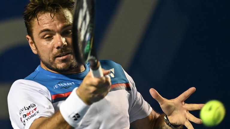 Switzerland's Stan Wawrinka serves to USA's Frances Tiafoe (out of frame) during their Mexico ATP Open 500 men's singles tennis match in Acapulco, Guerrero State, Mexico on February 24, 2020