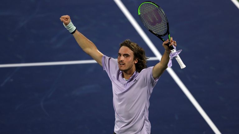 Stefanos Tsitsipas of Greece celebrates after the match against Jan-Lennard Struff of Germany during his men's singles match on day eleven of the Dubai Duty Free Tennis at Dubai Duty Free Tennis Stadium on February 27, 2020 in Dubai, United Arab Emirates