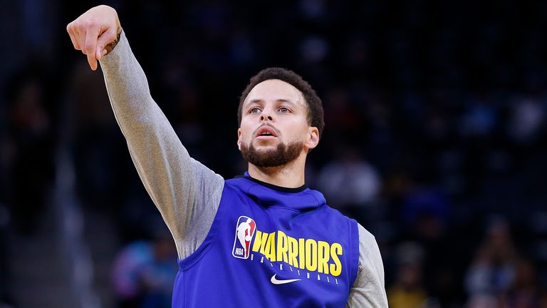 Stephen Curry #30 of the Golden State Warriors warms up before the game against the Miami Heat at Chase Center on February 10, 2020 in San Francisco, California. 