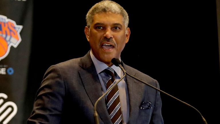 New York Knicks President Steve Mills speaks at the unveiling of the Knicks' jersey sponsorship with Squarespace at Madison Square Garden on October 10, 2017 in New York City. 