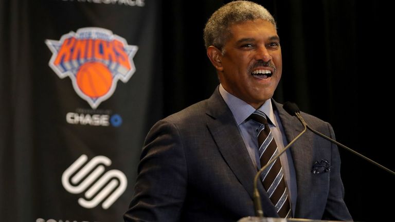 New York Knicks President Steve Mills speaks at the unveiling of the Knicks' jersey sponsorship with Squarespace at Madison Square Garden on October 10, 2017 in New York City. 
