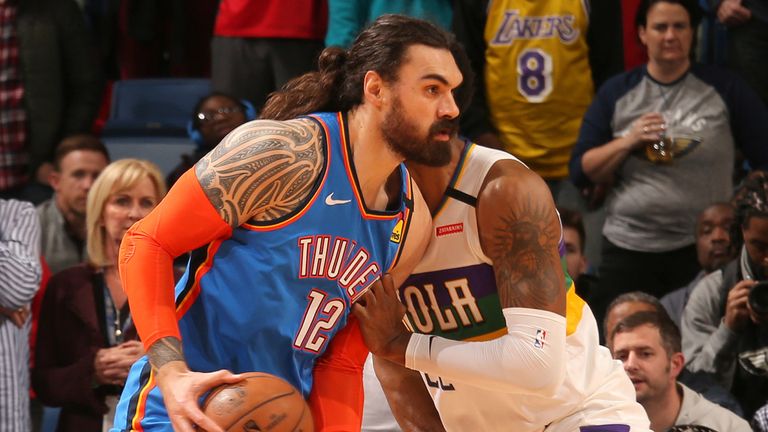 Steven Adams in action for Oklahoma City in Boston