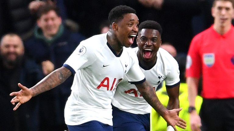 Steven Bergwijn celebrates scoring for Tottenham against Manchester City  