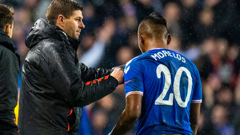 Rangers manager Steven Gerrard and Alfredo Morelos