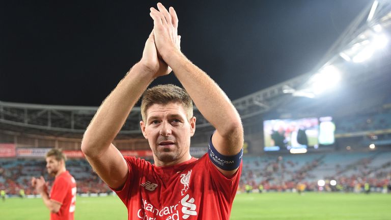 Former Liverpool football star Steven Gerrard applauds the fans after playing for Liverpool Legends against Australian Legends in an exhibition football game at the ANZ Stadium in Sydney on January 7, 2016.