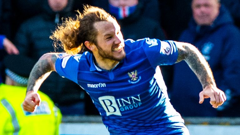 PERTH, SCOTLAND - FEBRUARY 23: Stevie May celebrates after scoring to make it 2-2 during the Ladbrokes Premiership Match Between St Johnstone and Rangers at McDiarmid Park on February 23, 2020 in Perth, Scotland.  (Photo by Alan Harvey / SNS Group)
