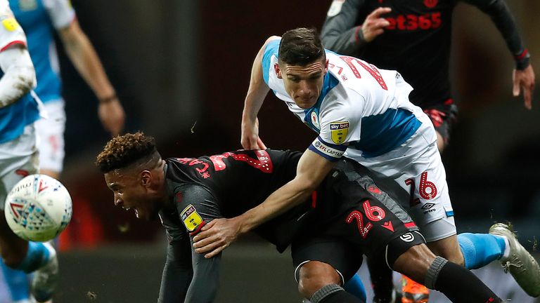Stoke City's Tyrese Campbell battles for the ball with Blackburn Rovers' Darragh Lenihan