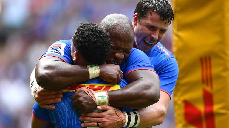 Herschel Jantjies of the Stormers celebrate after scoring a try during the Super Rugby match between DHL Stormers and Hurricanes at DHL Newlands Stadium on February 01, 2020 in Cape Town, South Africa