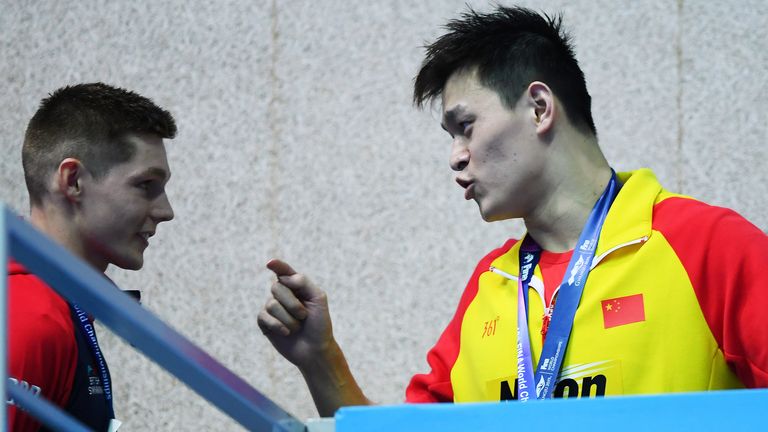 Sun Yang confronts Great Britain's Duncan Scott at the 2019 World Championships
