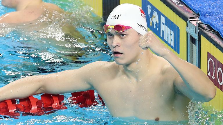 Sun Yang celebrates after winning the Men's 400m Freestyle final during the FINA Champions Swim Series 2020