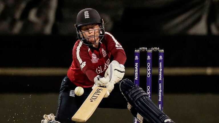Tammy Beaumont of England plays a shot during the Twenty20 women&#39;s World Cup cricket match between England and South Africa in Perth on February 23, 2020.