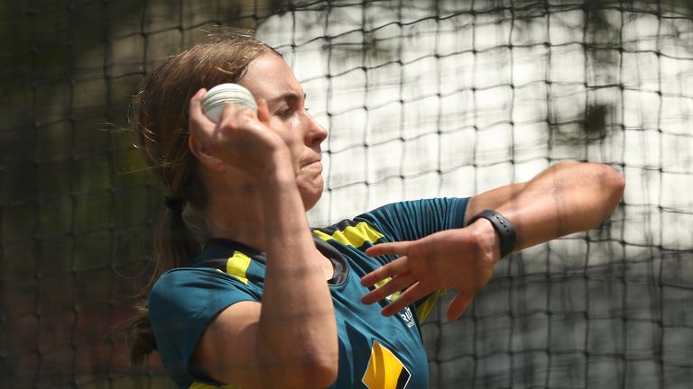 Tayla Vlaeminck of Australia bowls during an Australian Women&#39;s T20 training session at Junction Oval on February 06, 2020 in Melbourne, Australia.