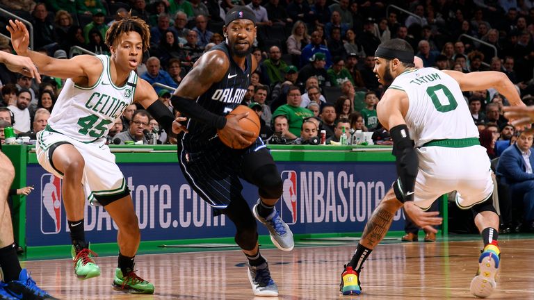 Terrence Ross of the Orlando Magic drives to the basket during the game against the Boston Celtics