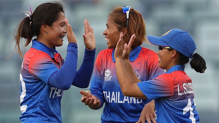 Thailand Women celebrate a wicket in their first ever World Cup game against West Indies