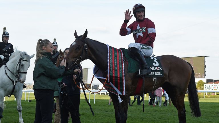 Davy Russell celebrates after riding Tiger Roll to victory in the 2019 Grand National