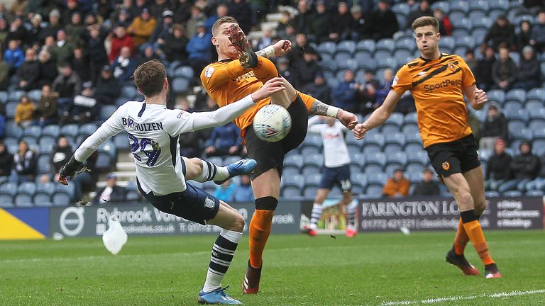 Tom Barkuizen gets a shot on goal during the Sky Bet Championship match between Preston North End and Hull City at Deepdale 