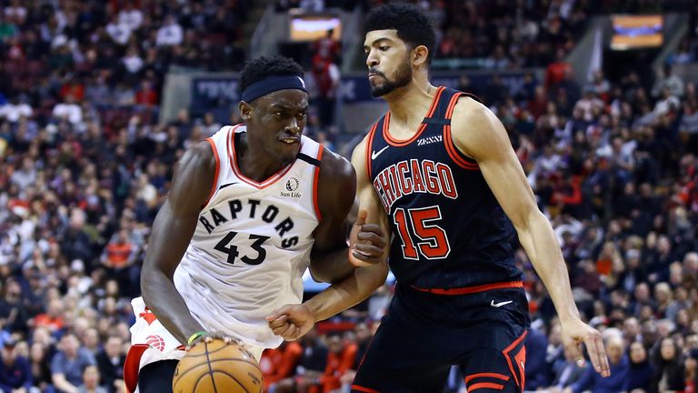 Pascal Siakam drives into the lane against the Chicago Bulls