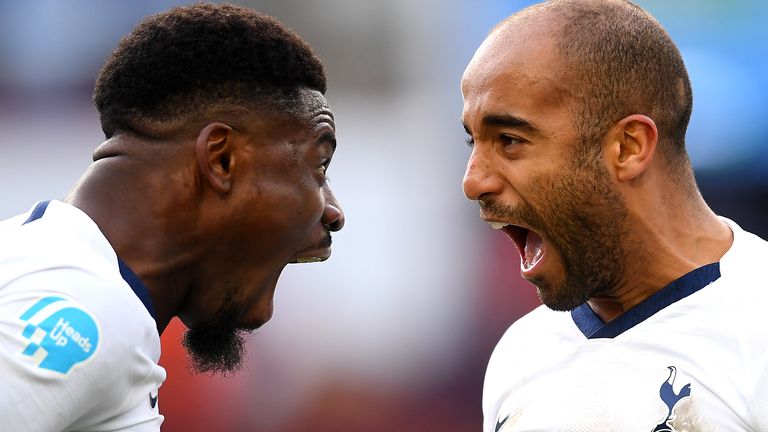 Serge Aurier and Lucas Moura celebrate Spurs' late win at Villa Park