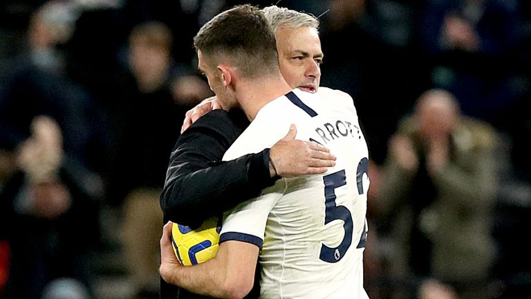 Jose Mourinho embraces Troy Parrott after handing him the match ball following Tottenham's 5-0 win over Burnley