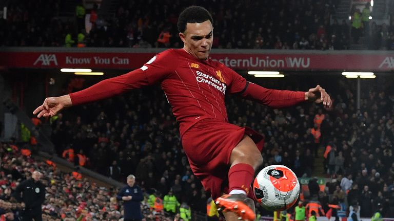 Trent Alexander-Arnold crosses the ball in Liverpool&#39;s win over West Ham.