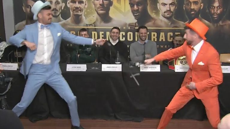 Boxers Tyrone McCullagh and  Tyrone McKenna have a wand fight dressed as Dumb and Dumber  at A Golden Contract press conference.