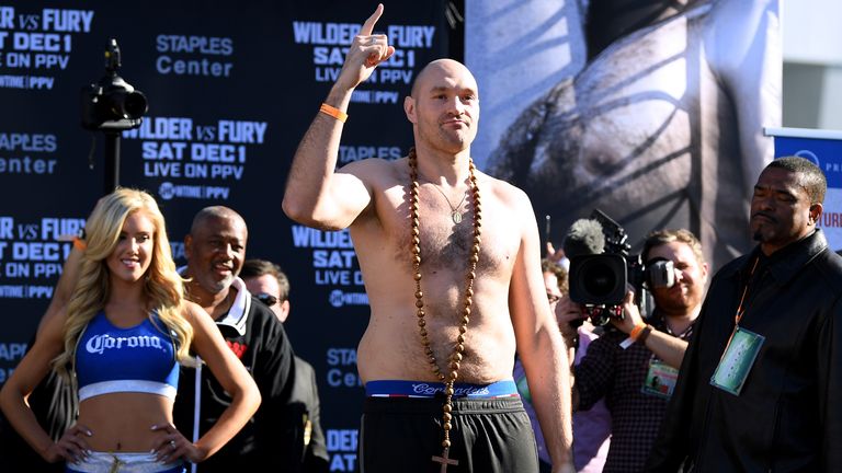 during the Deontay Wilder v Tyson Fury weigh-in at Los Angeles Convention Center on November 30, 2018 in Los Angeles, California.