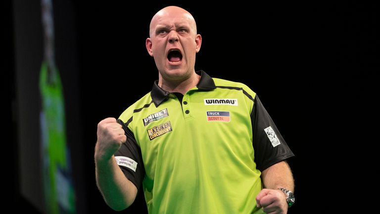 Michael van Gerwen celebrates during his match against Peter Wright in Aberdeen