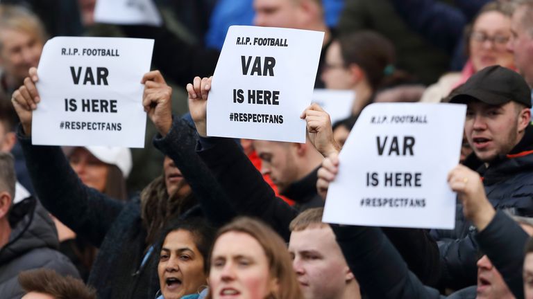Fans holding up signs in protest against VAR during the Premier League match between Manchester City and Crystal Palace at Etihad Stadium on January 18, 2020 in Manchester, United Kingdom. (Photo by James Williamson - AMA/Getty Images)
