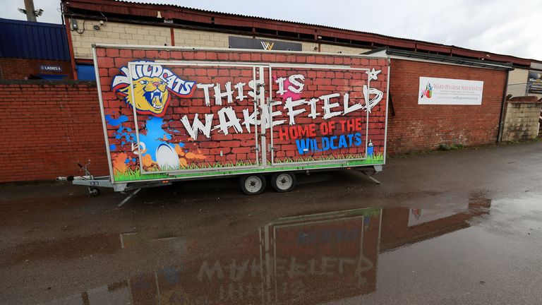 A view of standing water outside Belle Vue Stadium, home of Wakefield Trinity