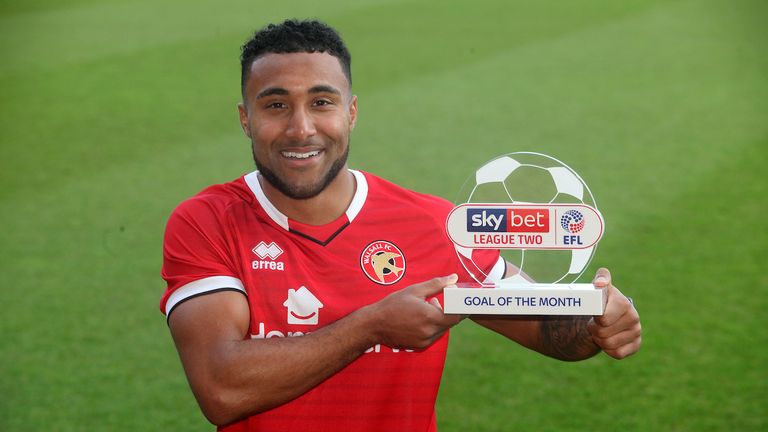 Wes McDonald of Walsall is presented with the Sky Bet League 2 Goal of the Month Award for January 2020 - Dave Linney/JMP - 13/02/2020 - FOOTBALL - Bescot Stadium - Walsall, England.Wes McDonald of Walsall with the  League Two Goal Of The Month Award.