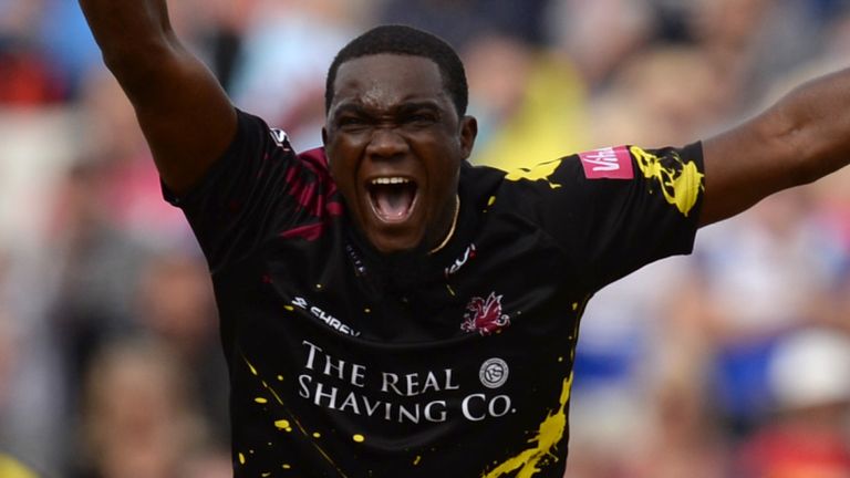 BIRMINGHAM, ENGLAND - SEPTEMBER 15: Jerome Taylor of Somerset appeals during the Vitality T20 Blast second semi-final between Sussex Sharks and Somerset at Edgbaston cricket ground on September 15, 2018 in Birmingham, England. (Photo by Philip Brown/Getty Images)  *** Local Caption *** Jerome Taylor