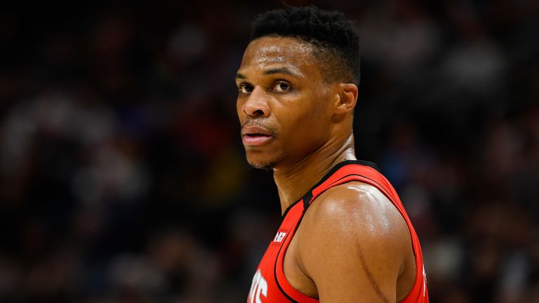 Russell Westbrook of the Houston Rockets looks on during a game against the Utah Jazz