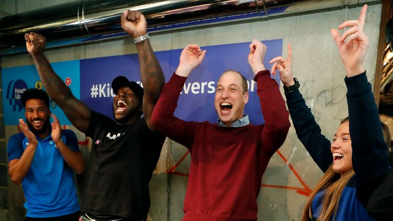 Britain&#39;s Prince William reacts as his team won a table football match in London, Wednesday, Feb. 5, 2020. The Duke of Cambridge, President of the Football Association (FA), attends a special event in London to launch The Heads Up Weekends on Wednesday 5th February, ahead of Time to Talk Day the following day.(AP Photo/Frank Augstein, Pool)